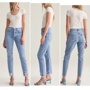 Agolde Jamie High Rise Classic Tapered Distressed Jeans in Idyllic 24